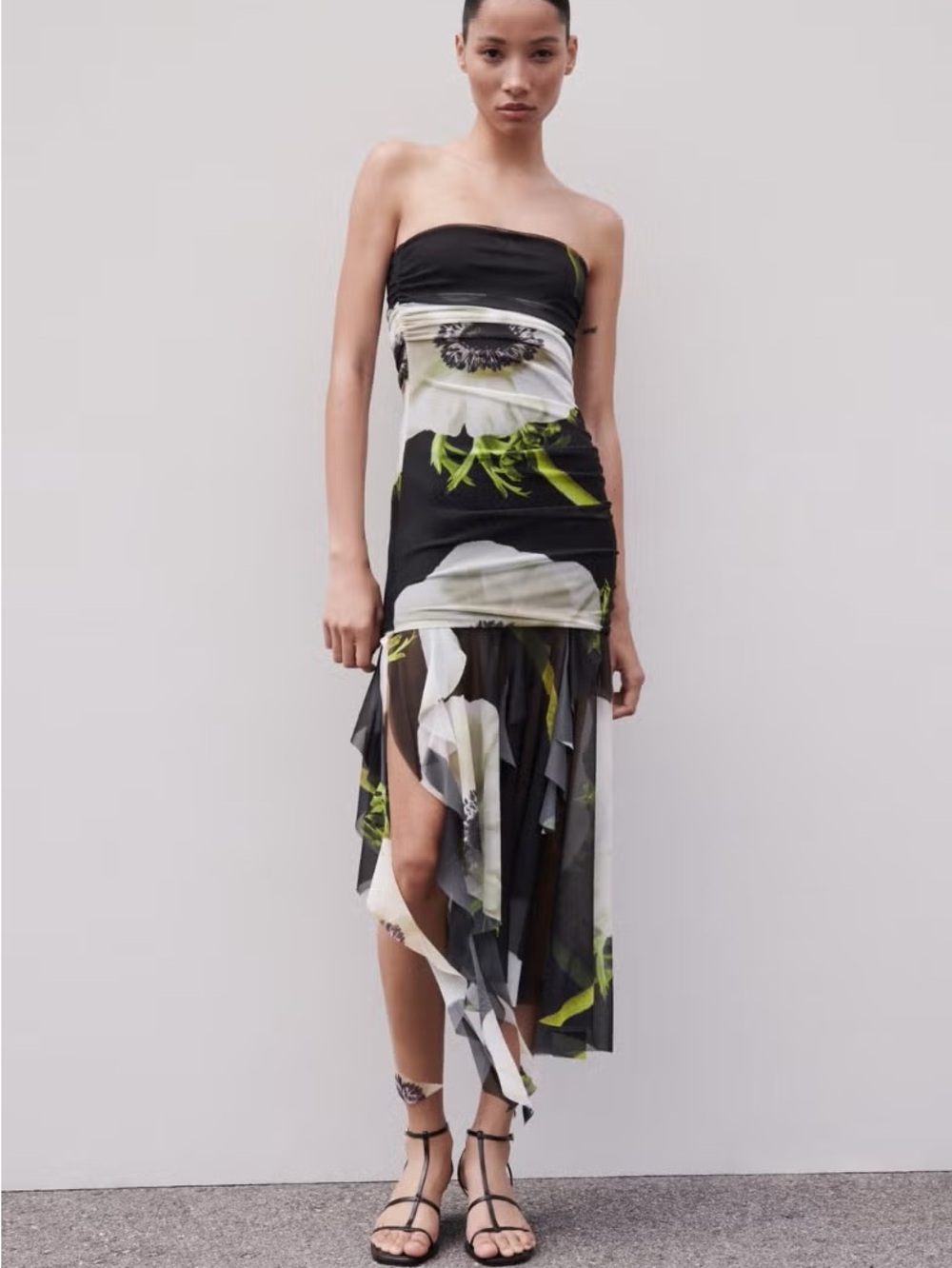 NEW Zara Strapless Black Mesh Floral Wedding Guest Maxi Dress Size S